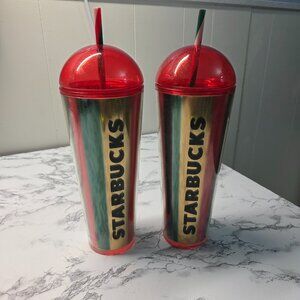 Starbucks 24 oz Limited Edition 2024 Metallic Red Gold Dome Tumblers Set of 2